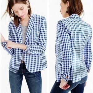 J Crew 100% Linen Campbell Blazer Jacket Navy Blue White Gingham Check Size 0